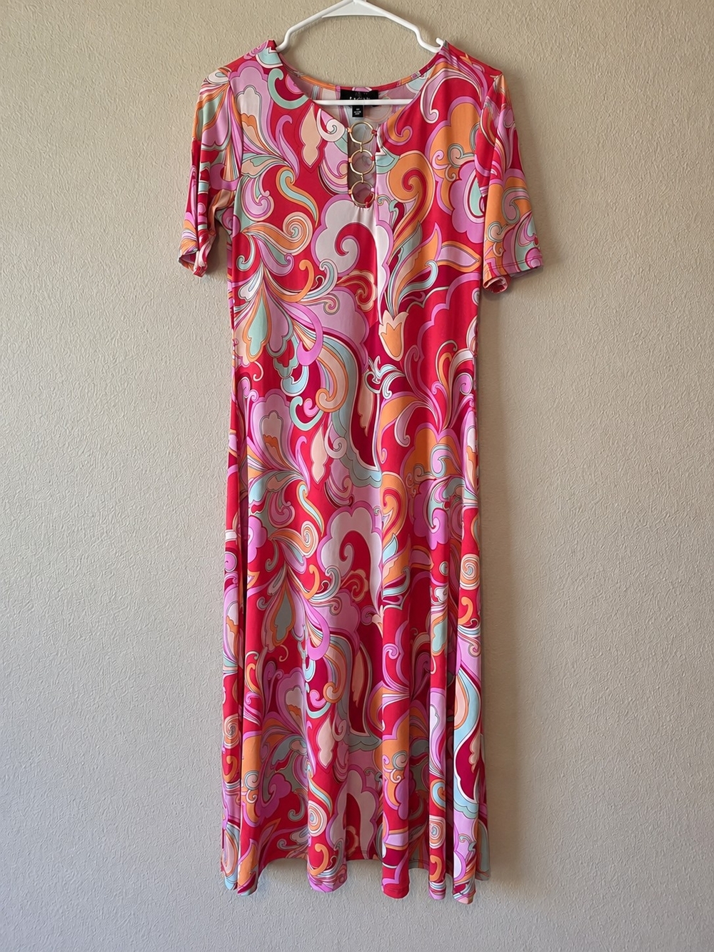 NWT MSK Pink Psychedelic Print Midi Dress Gold Ring Detail Size M